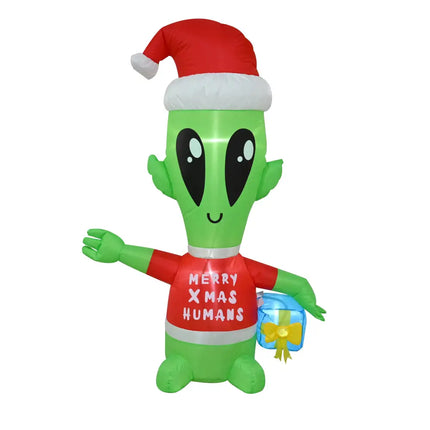 Inflatable green alien in a Santa hat and red shirt holding a blue gift for Christmas display