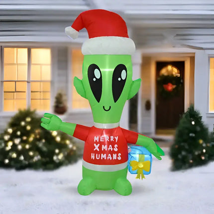 Inflatable Alien Christmas decoration holding a present, 1.3 meters tall for holiday decor