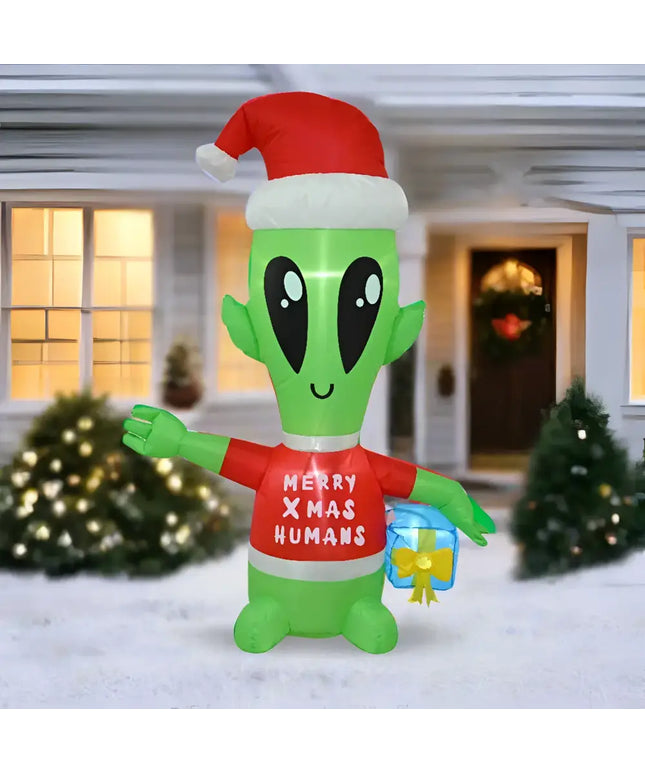 Inflatable Alien Christmas decoration holding a present, 1.3 meters tall for holiday decor