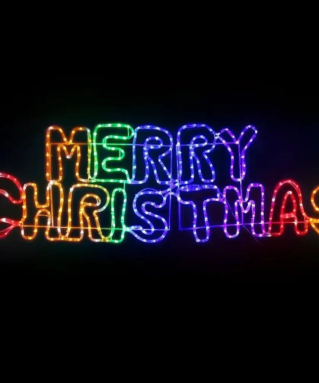 Colorful Merry Christmas light display on 1.6M Christmas Lights Motif 360 LED Rope Light outdoor decoration