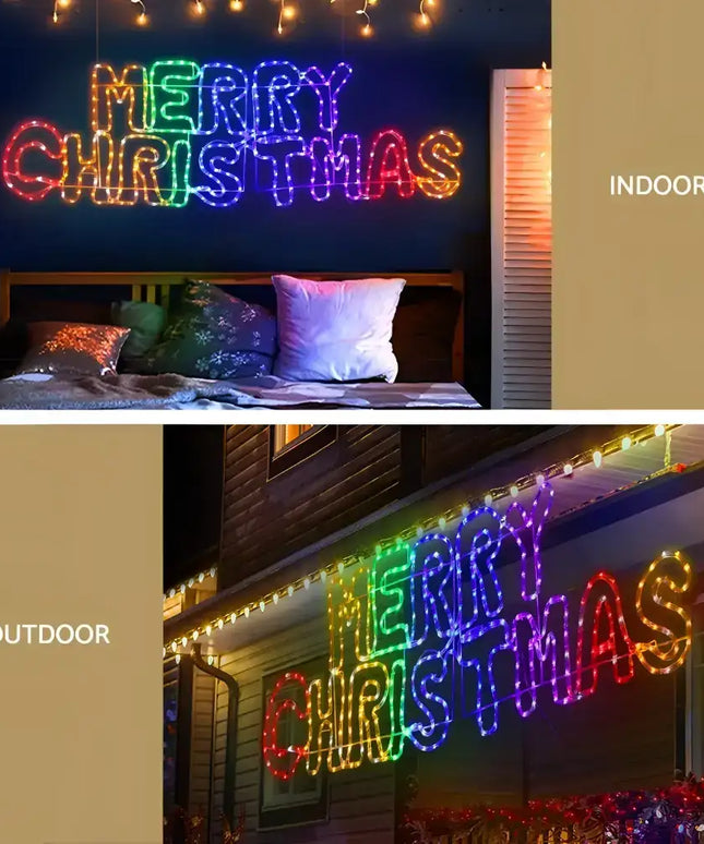Illuminated Merry Christmas sign on 1.6M Christmas Lights Motif LED Rope Light outdoor decoration