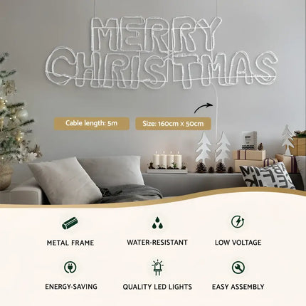 Illuminated Merry Christmas sign displayed on 1.6M Christmas Lights Motif LED Rope Light
