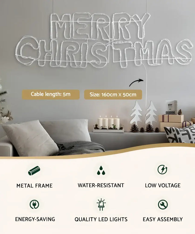 Illuminated Merry Christmas sign displayed on 1.6M Christmas Lights Motif LED Rope Light