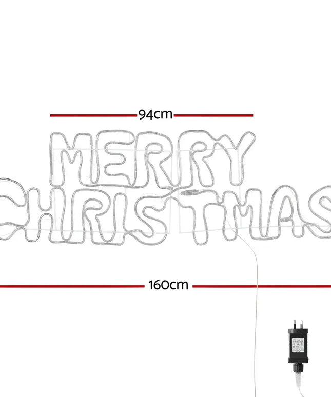 Illuminated Merry Christmas sign with dimensions on 1.6M Christmas Lights Motif Rope Light
