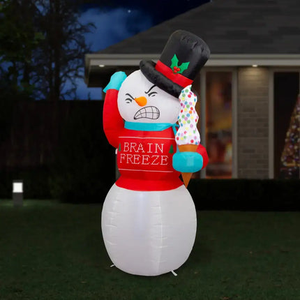 Inflatable 1.8M Brain Freeze LED Snowman with a playful expression and winter decor