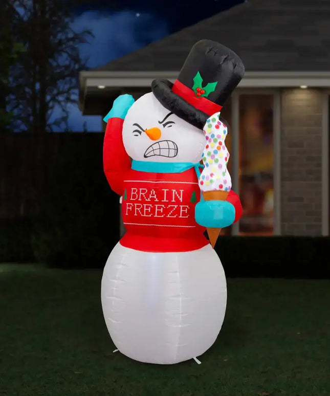 Inflatable 1.8M Brain Freeze LED Snowman with a playful expression and winter decor