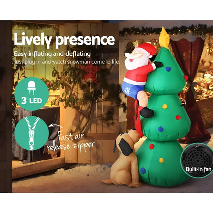 Inflatable Christmas decoration featuring Santa Claus and a decorated tree with lights