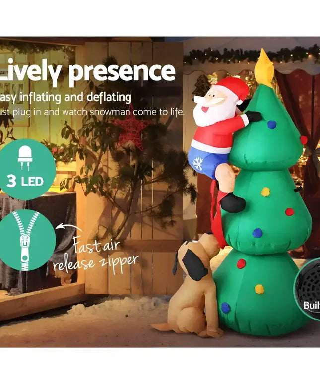 Inflatable Christmas decoration featuring Santa Claus and a decorated tree with lights
