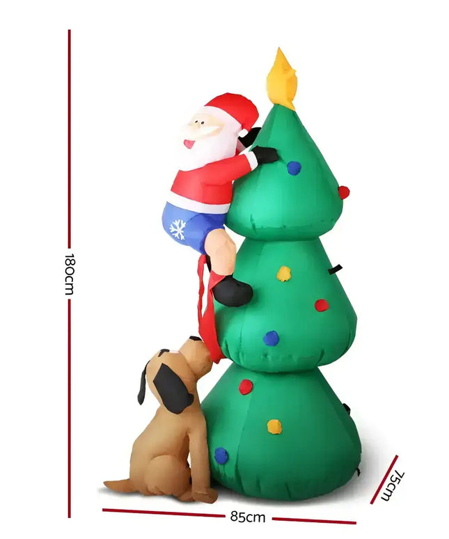 Inflatable Christmas decoration featuring Santa, tree, and dog with illumination
