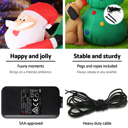 Inflatable Christmas decoration featuring Santa and tree with lights and accessories