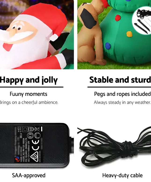 Inflatable Christmas decoration featuring Santa and tree with lights and accessories