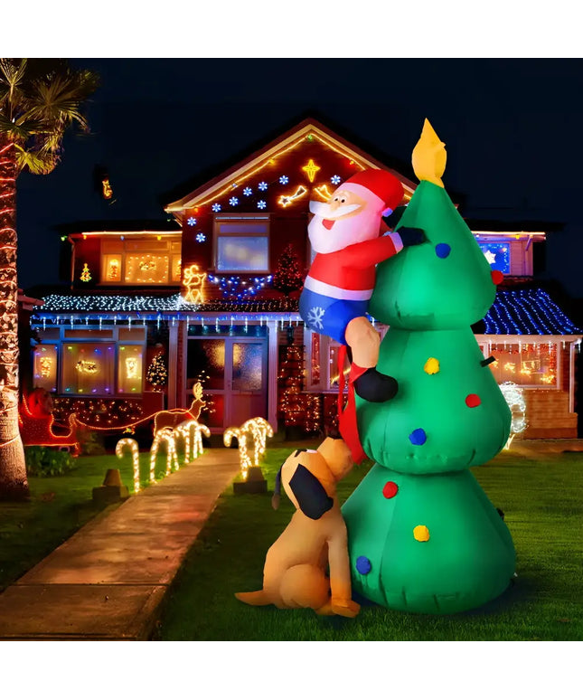 Inflatable Santa climbing a Christmas tree, part of the 1.8M Christmas Inflatable Santa Decorations