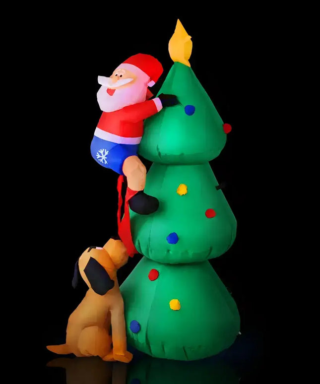 Inflatable Santa climbing Christmas Tree with Dog, part of 1.8M Illuminated Christmas Decorations