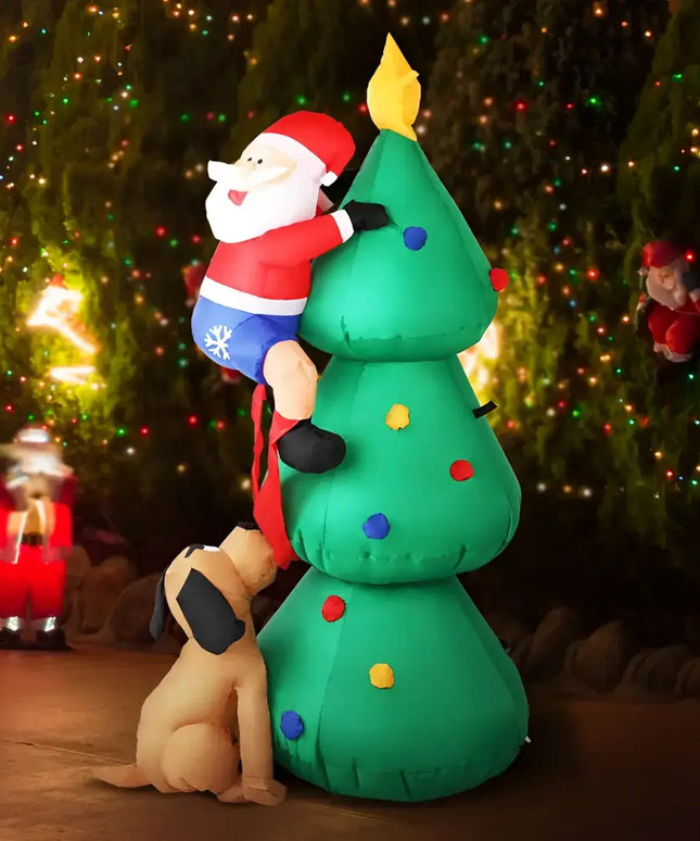 Inflatable Santa climbing Christmas Tree with Dog, illuminated 1.8M Christmas decoration