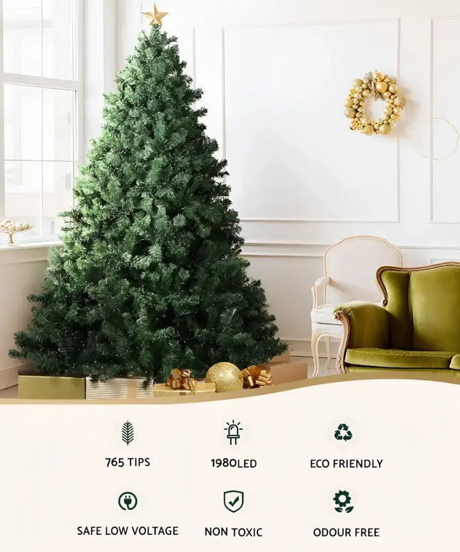 Decorated 1.8M artificial Christmas tree with 1980 LEDs and 8 light modes for holiday ambiance