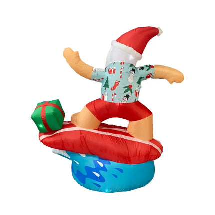 Inflatable Santa surfing with a gift, perfect for Christmas beach decor with LED lights