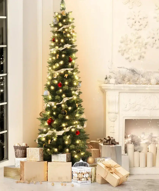 Decorated Christmas tree with presents showcasing Jingle Jollys 1.8m pre-lit Xmas tree