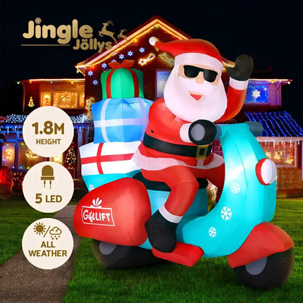 Inflatable Santa on a scooter with gifts for Christmas decoration, 1.8M Santa Motorbike LED Inflatable
