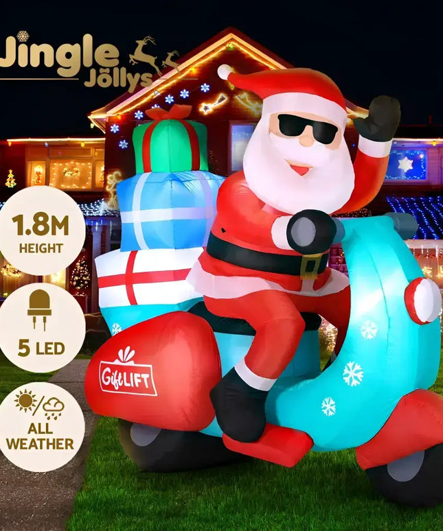 Inflatable Santa on a scooter with gifts for Christmas decoration, 1.8M Santa Motorbike LED Inflatable