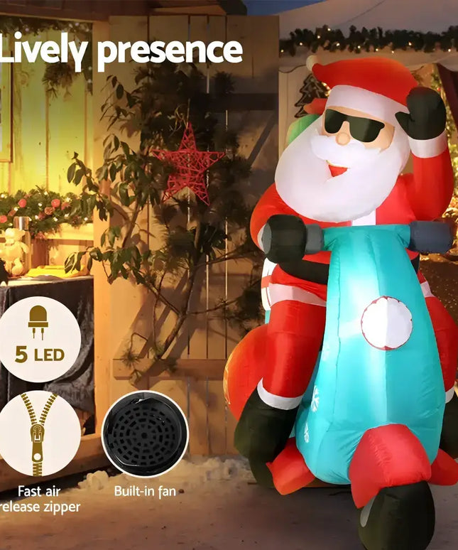 Inflatable Santa on scooter displays festive 1.8M Santa Motorbike LED Christmas Inflatable