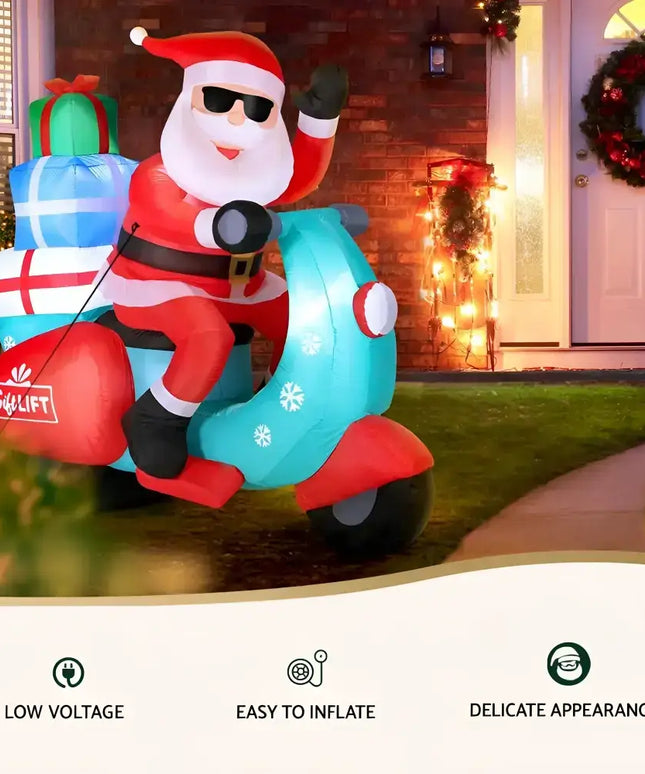 Inflatable Santa riding a scooter with gifts, part of the 1.8M Santa Motorbike LED Christmas Inflatable display