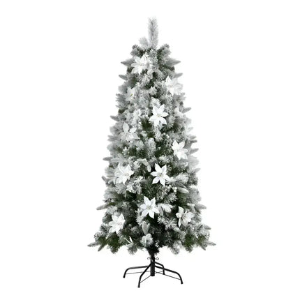 Snow-flocked Christmas tree with white poinsettias for festive holiday decoration