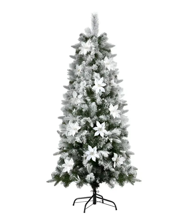 Snow-flocked Christmas tree with white poinsettias for festive holiday decoration
