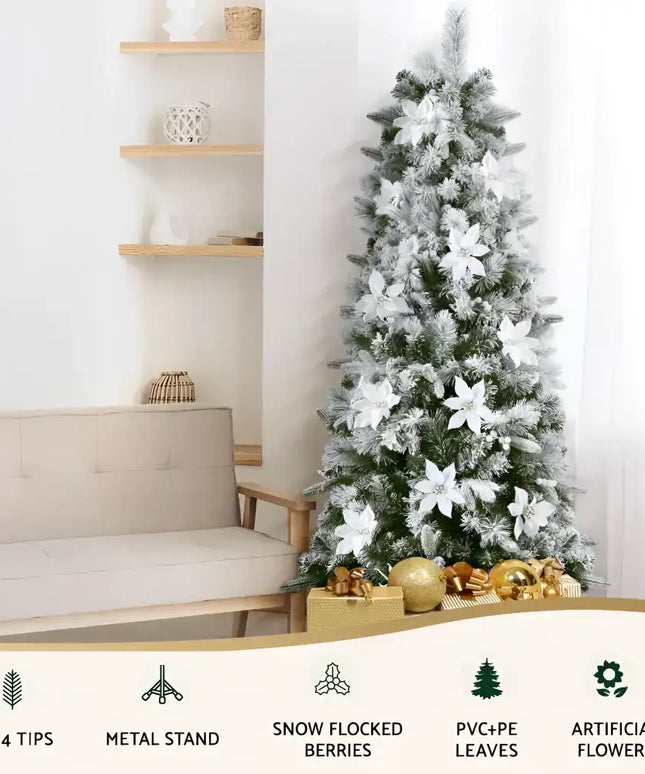 Snow-flocked Christmas tree with white poinsettias for festive holiday decoration
