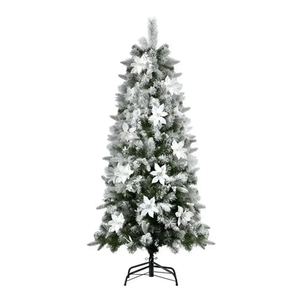 Flocked Christmas tree with white poinsettias display in 1.8M Snow Flocked Tips Christmas Tree