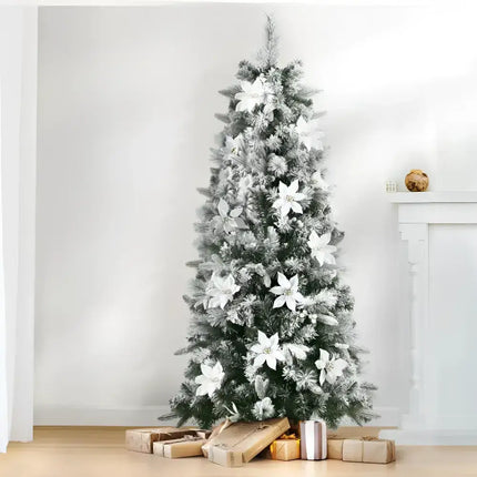 Flocked Christmas tree with white poinsettias and 1.8M snow-flocked tips for holiday decor
