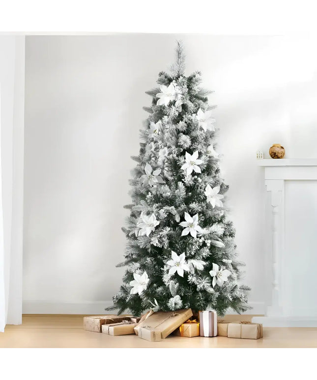 Flocked Christmas tree with white poinsettias and 1.8M snow-flocked tips for holiday decor