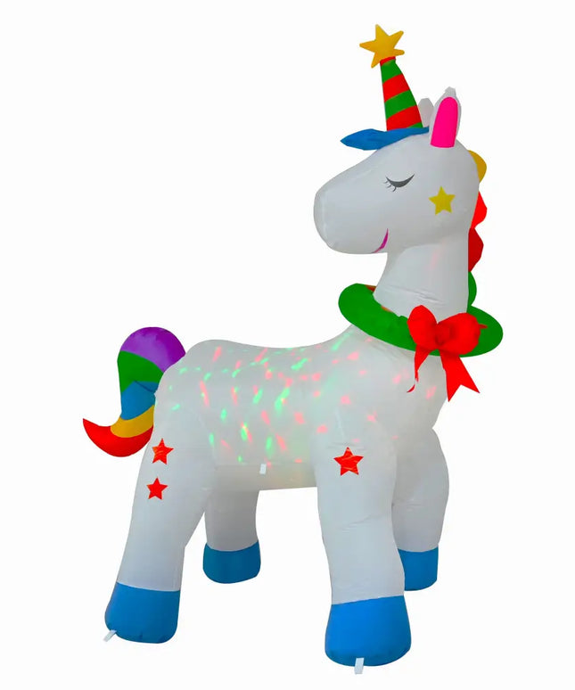 Inflatable Unicorn with Party Hat and Wreath for 1.8M Unicorn RGB Disco Light Christmas