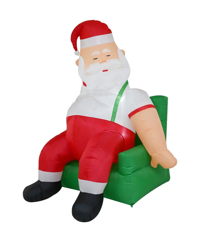Inflatable Santa napping in a green chair, part of the 1.9M Couch Potato Santa Christmas Inflatable display