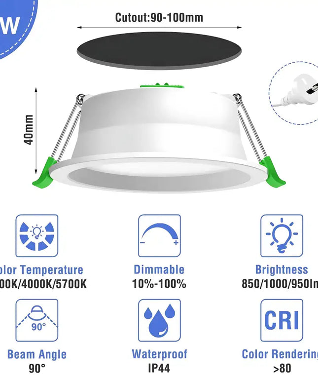12W Tri-Colour Dimmable LED Downlight | 90mm Cut Out | Reno Optix Trade Pack 10 - Home & Garden > Lighting