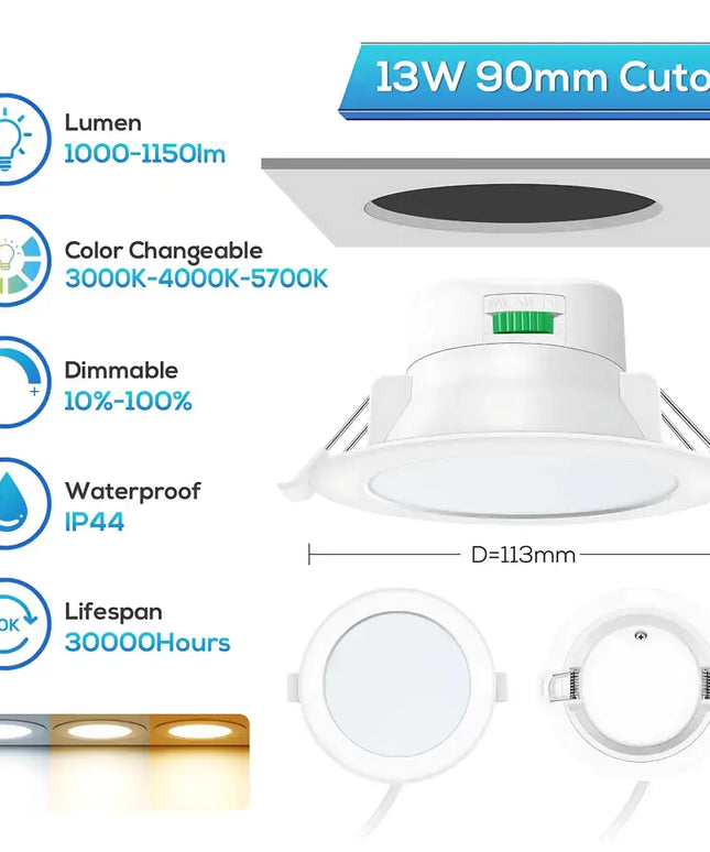 13W Tri-Colour Dimmable LED Downlight | 90mm Cut Out | Reno Powerlux Trade Pack 10 - Home & Garden > Lighting