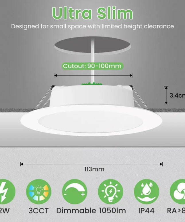 12W Tri - Colour Dimmable LED Downlight | 90mm Cut Out | Reno Sleek Trade Pack - Home & Garden > Lighting > Ceiling Lights - Alusso