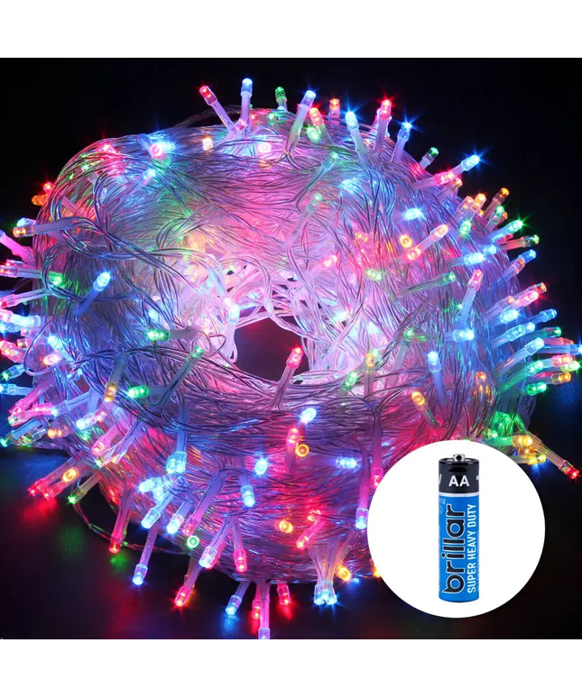 Colorful LED fairy lights powered by AA batteries for festive Christmas decoration