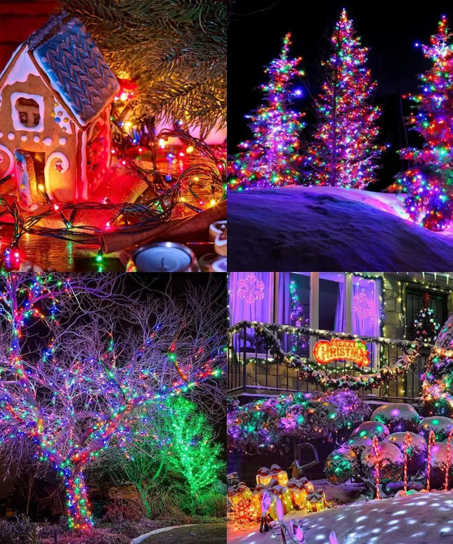 Festive Christmas light displays with multicolor LED fairy lights displaying eight functions