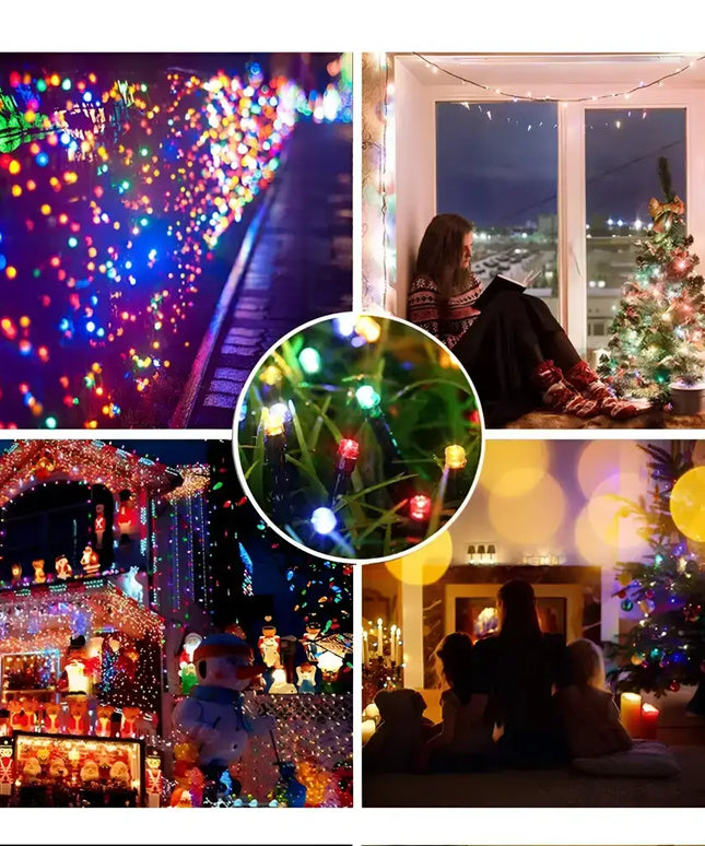 Colorful Christmas lights and scenes showcasing the 100 Low Voltage LED Fairy Lights