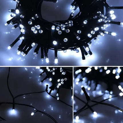 White LED string lights from 100 Solar LED Fairy Lights 8 Function Memory Hold Christmas Decoration Cool White