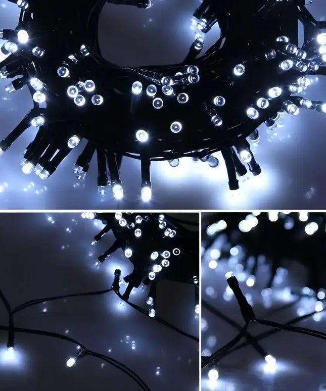 White LED string lights from 100 Solar LED Fairy Lights 8 Function Memory Hold Christmas Decoration Cool White