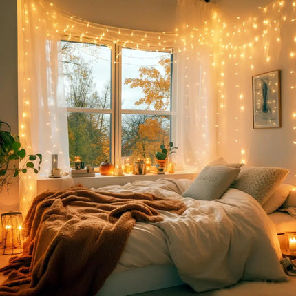 Cozy bedroom decor with warm white Solar LED Fairy Lights for Christmas ambiance