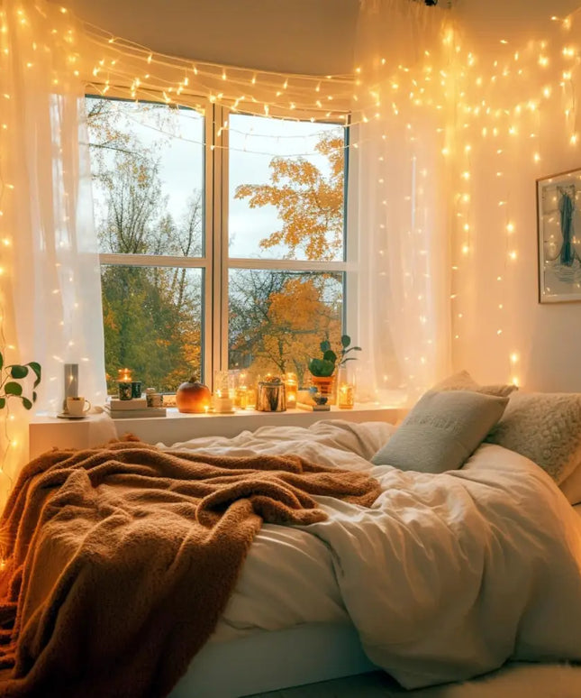 Cozy bedroom decor with warm white Solar LED Fairy Lights for Christmas ambiance