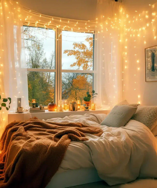 Cozy bedroom illuminated with warm white fairy lights from 1000 Low Voltage LED Fairy Lights