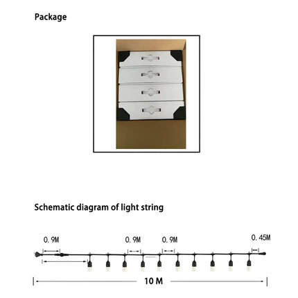 String light packaging and schematic diagram for 100m Black Hanging Festoon String Lights with 100 Bulb Plug in Kit