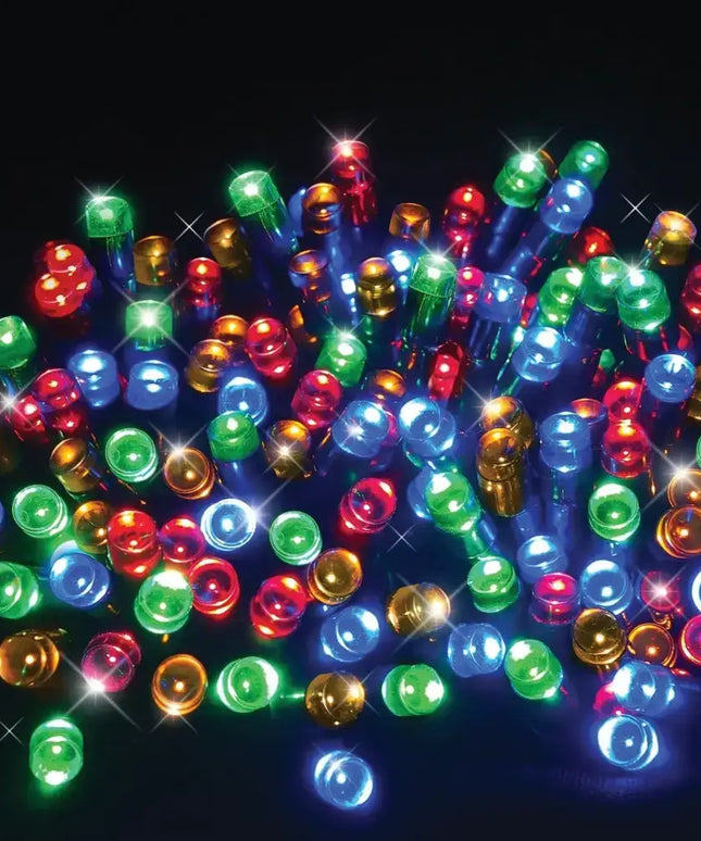 Colorful string of LED lights as featured in 120 LED Flashing Lights available in 3 Colors Multicolor