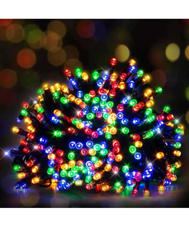 Colorful string of 120 LED flashing Christmas lights in three vibrant colors