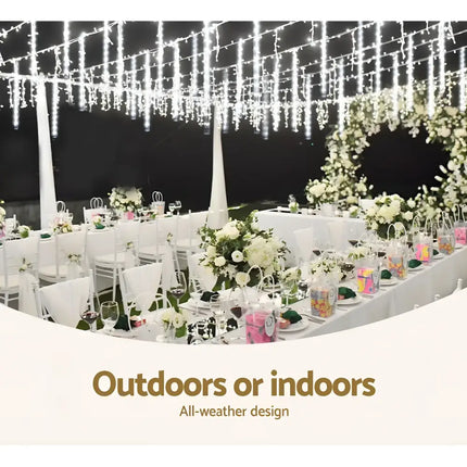 Elegant wedding reception setup illuminated by 12M 960 LED Falling Meteor Christmas Icicle Lights