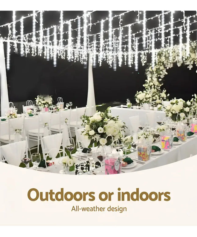 Elegant wedding reception setup illuminated by 12M 960 LED Falling Meteor Christmas Icicle Lights