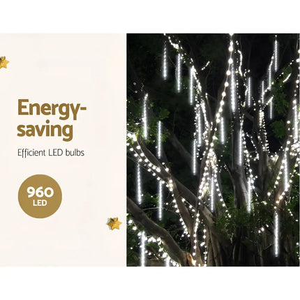 Energy-saving LED meteor shower lights for festive decor on 12M 960 LED Falling Meteor Christmas Icicle Lights